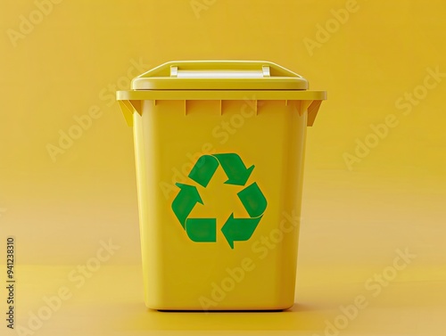 Bright yellow recycling bin with green symbols on a vibrant yellow background in a clean space