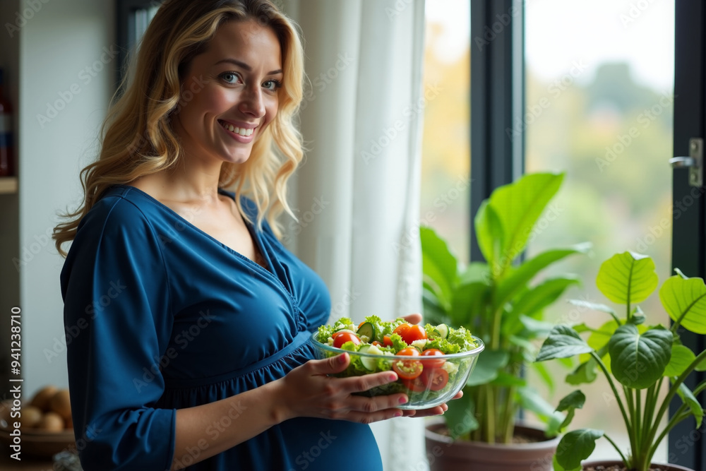 photo of pregnant woman both hands holding bowl of fresh green salad, generative AI photo of pregnant woman both hands holding bowl of fresh green salad, generative AI