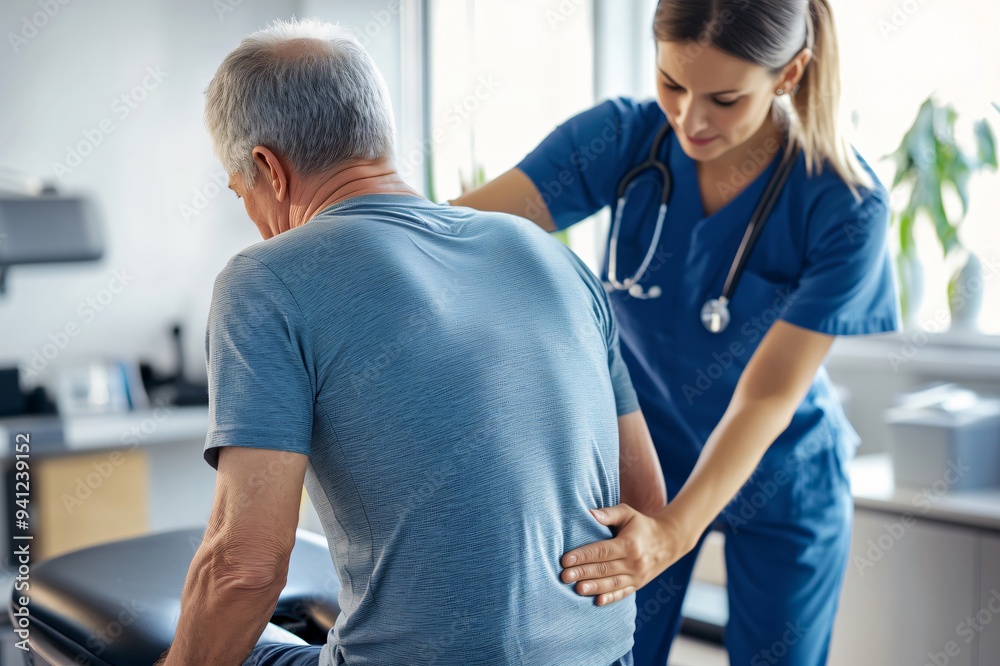 Obraz premium Doctor is examining a senior man's back in a medical office