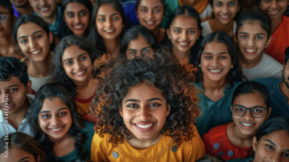 Obraz premium A group of young Indian females looking up with smiling faces