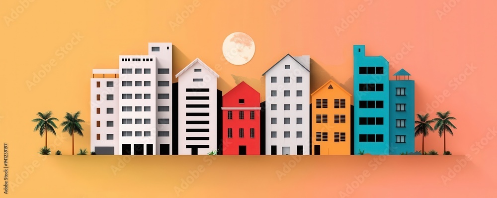 Colorful urban skyline with modern buildings and palm trees under a sunset sky, perfect for city life themes. Colorful urban skyline with modern buildings and palm trees under a sunset sky, perfect for city life themes.