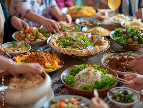 Gathered around a table, a diverse group enjoys a traditional Ramadan meal with loved ones.