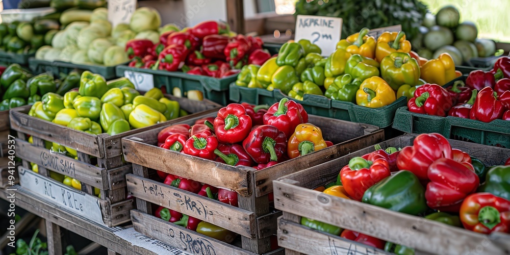 A close-up of vibrant mixed capsicum in green, red and yellow color a market booth with hazy background or text for use in text, Generative AI. A close-up of vibrant mixed capsicum in green, red and yellow color a market booth with hazy background or text for use in text, Generative AI.