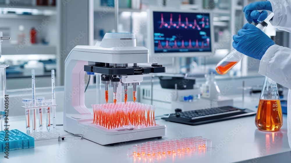 Synthetic biology lab with 3D printers creating organic tissue, biotech innovation Synthetic biology lab with 3D printers creating organic tissue, biotech innovation
