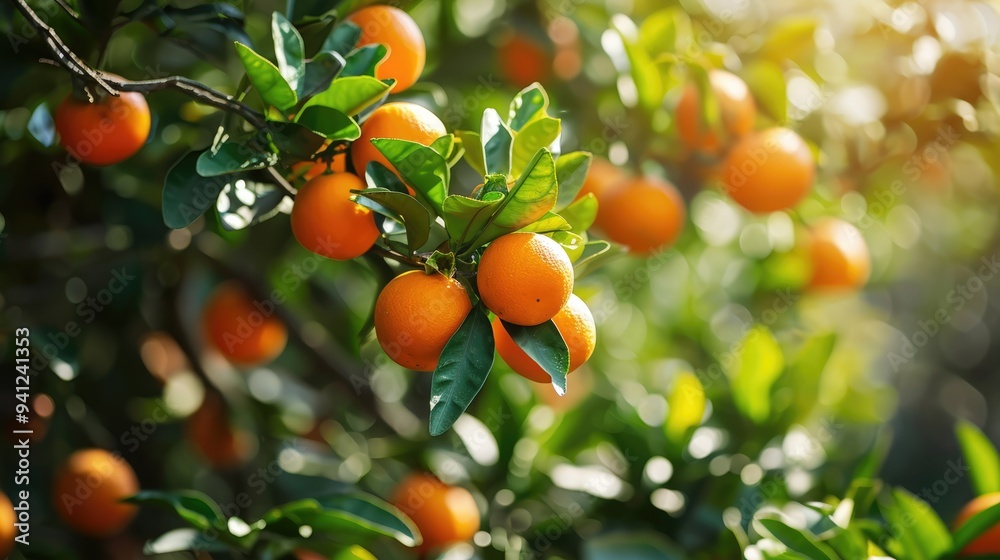 Fresh citrus branches with organic ripe fresh oranges tangerines growing on branches with green leaves in sunny garden Fresh citrus branches with organic ripe fresh oranges tangerines growing on branches with green leaves in sunny garden