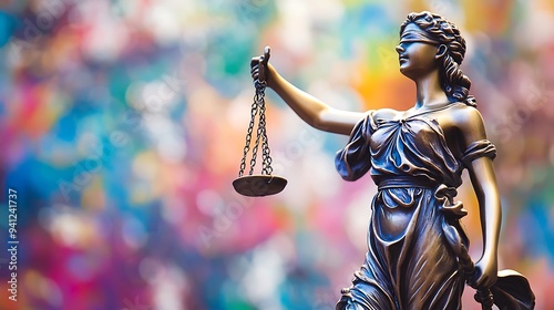 Lady Justice statue holding scales of justice with blurred colorful background. photo