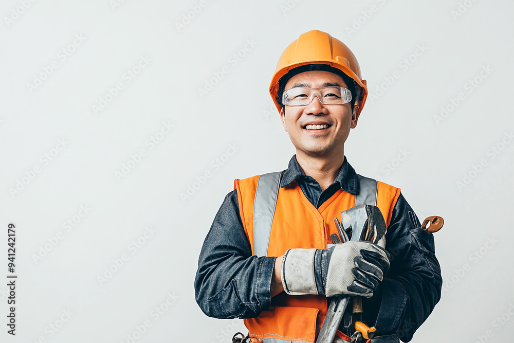 Worker wearing hard hat smiling positively
