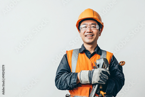 Worker wearing hard hat smiling positively