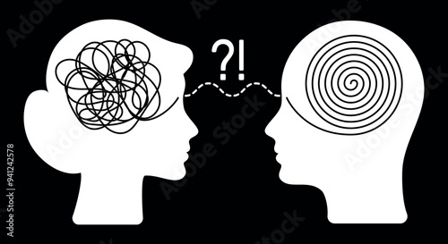 Two heads of man and woman with opposite thinking. Positive and negative thinking. Medical and psychological counselling. The concept of chaos and order in thinking. Relationship between two people
