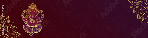 Panoramic banner or header with Lord Ganesha in gold outline on red background with lotus flowers and empty place for greeting text - Happy Diwali (Deepavali, Dipavali)