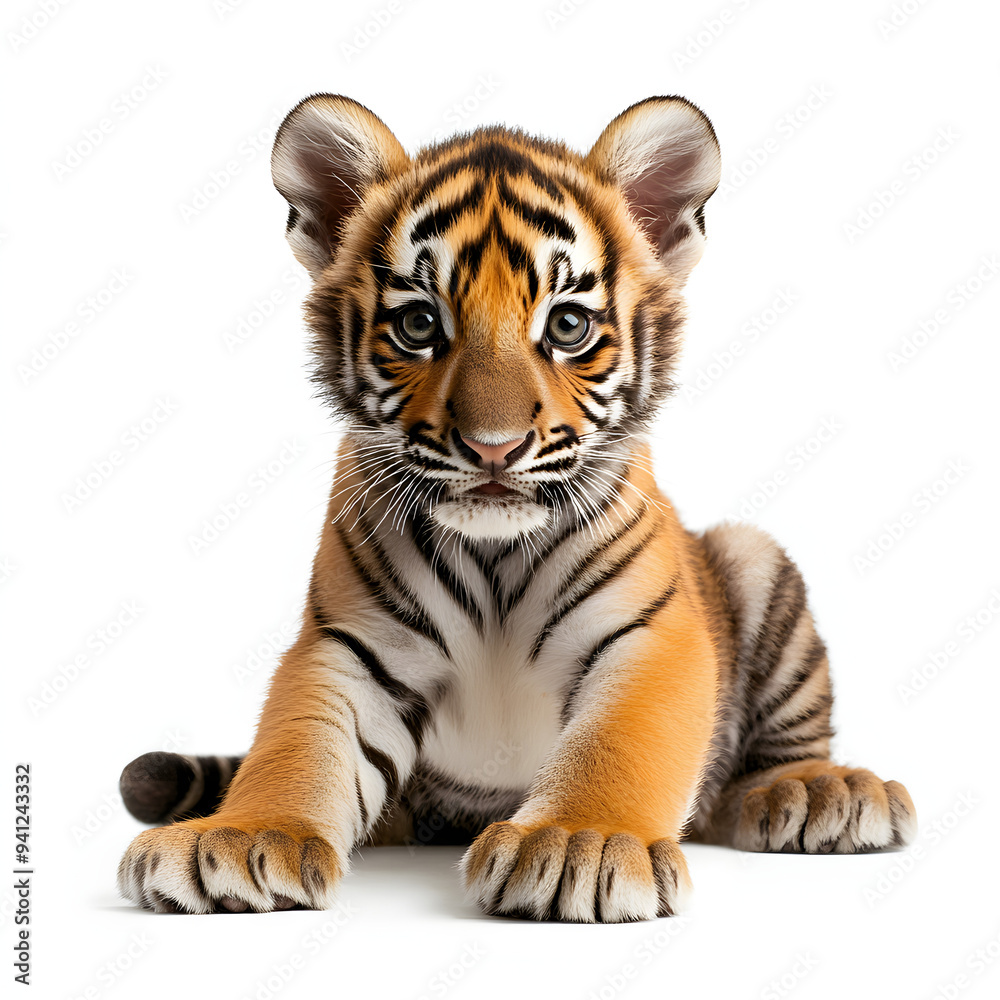 Obraz premium A cute tiger cub sits on a white background, looking directly at the camera with its big, innocent eyes.