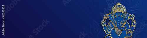 Panoramic banner with Lord Ganesha in gold outline on blue background with lotus flower and copy space for text - Happy Diwali. Indian holiday billboard for Festival of Lights (Deepavali, Dipavali)