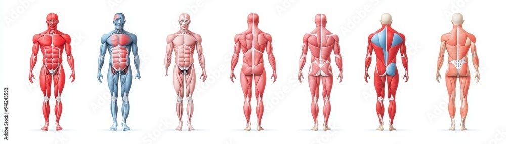 Muscular system illustration with color-coded muscles based on their primary function (eg, movement, stabilization), anatomy, muscle categorization Muscular system illustration with color-coded muscles based on their primary function (eg, movement, stabilization), anatomy, muscle categorization