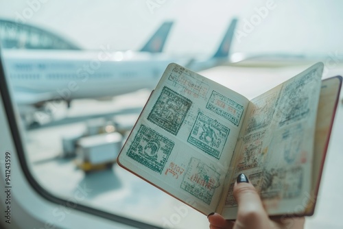 Woman holding an open passport with international stamps at the airport for travel plans photo