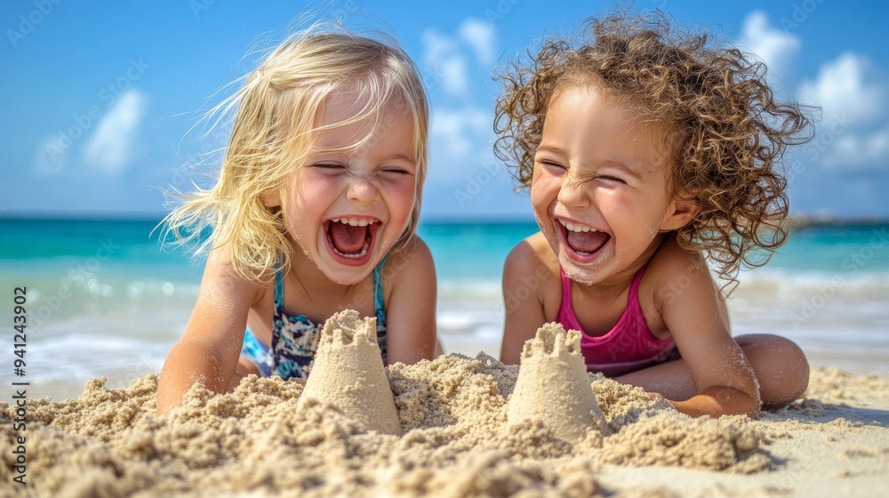On vacation, two kids play in the sand near a beach. Illustration created with stock On vacation, two kids play in the sand near a beach. Illustration created with stock