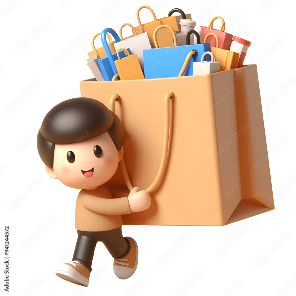 3D Cartoon Mock-up of a Character Holding a Huge Shopping Bag