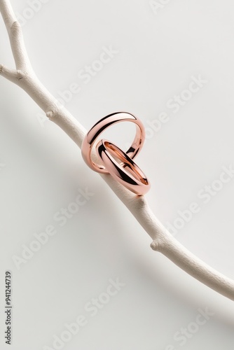 Pink gold rings with a slender branch in a white composition