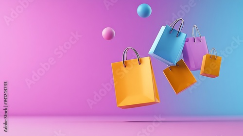Colorful shopping bags and balls floating against a vibrant pink and blue gradient background, illustrating a fun and lively shopping concept.