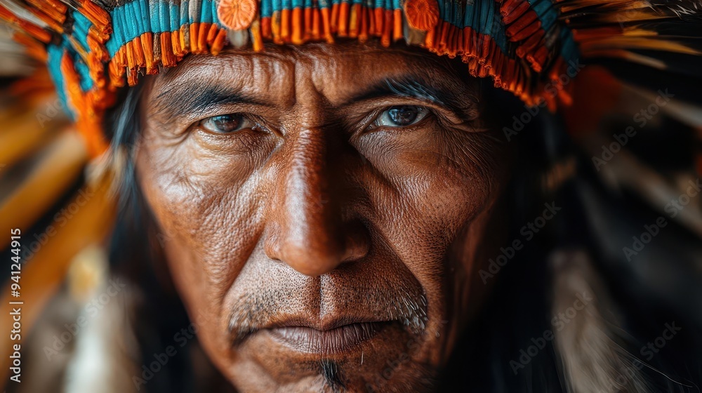 portrait of indigenous elder in traditional regalia weathered face kind eyes soft natural lighting earthy background celebrating cultural heritage and wisdom