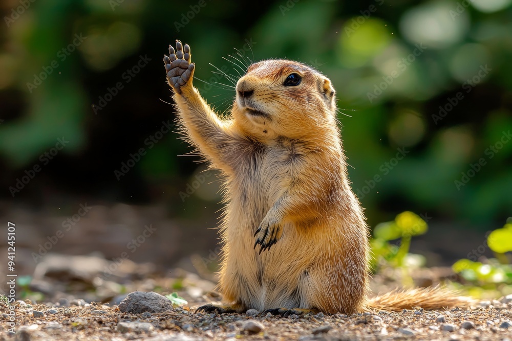An amusing rodent raises its paw like it is asking for water An amusing rodent raises its paw like it is asking for water