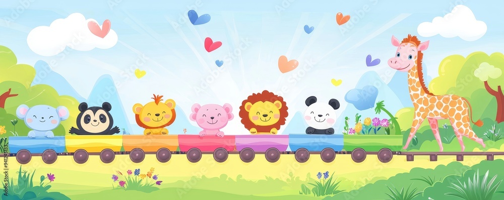 Naklejka premium Rainbow train with animals on the background