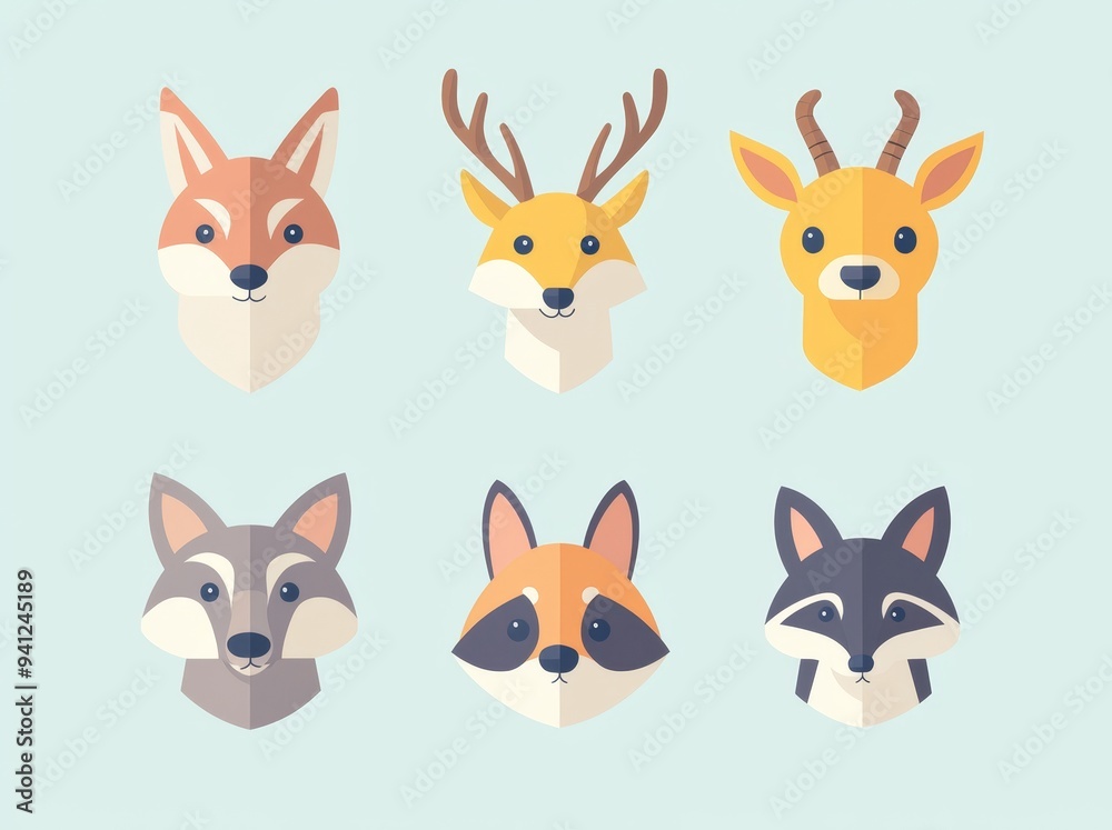 On a colored background, cute animals icons are illustrated in modern style. On a colored background, cute animals icons are illustrated in modern style.