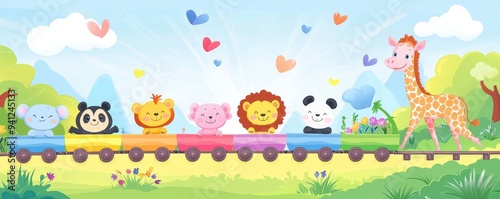 Rainbow train with animals on the background
