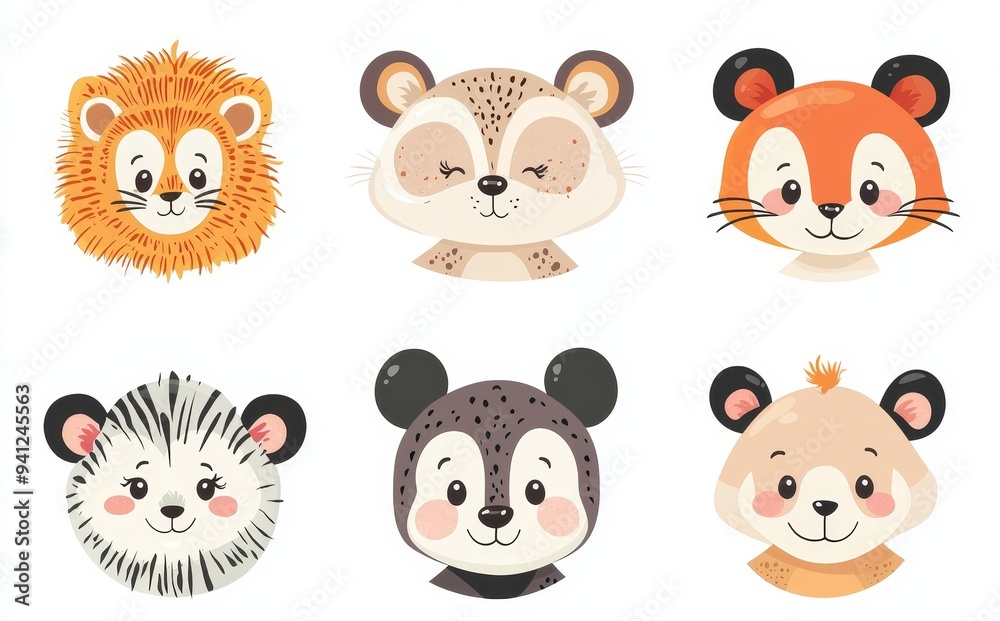 Obraz premium Illustration with cartoon cute animals for baby cards. Lion, dog, bunny, panda, tiger, cat, and fox.