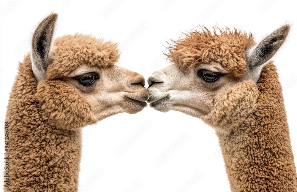 Obraz premium The sound of an alpaca whispering at another alpaca against a white background