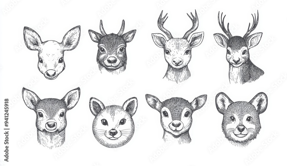A sketch of forest animals: hares, lynxes, martens, boars, moose, wolves, deer, foxes, bears, and racoons