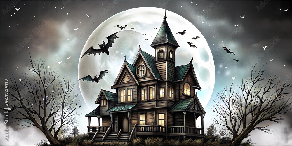 Menacing cartoon silhouette of a haunted house against a giant full moon with swarming bats in the background Menacing cartoon silhouette of a haunted house against a giant full moon with swarming bats in the background