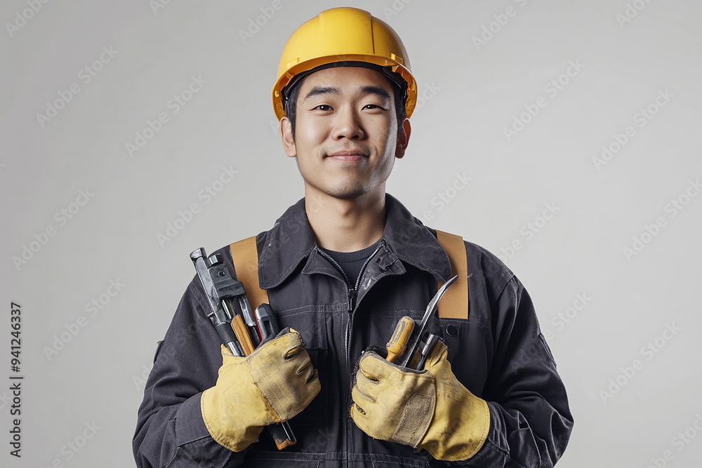 Worker wearing hard hat smiling positively Worker wearing hard hat smiling positively