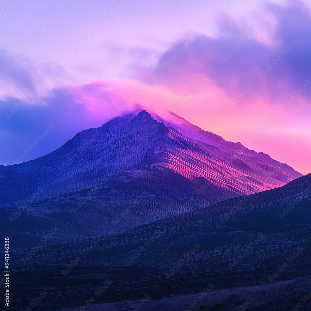 Fototapeta premium Serene Mountain Landscape at Sunset with Layers of Blue and Orange Hues