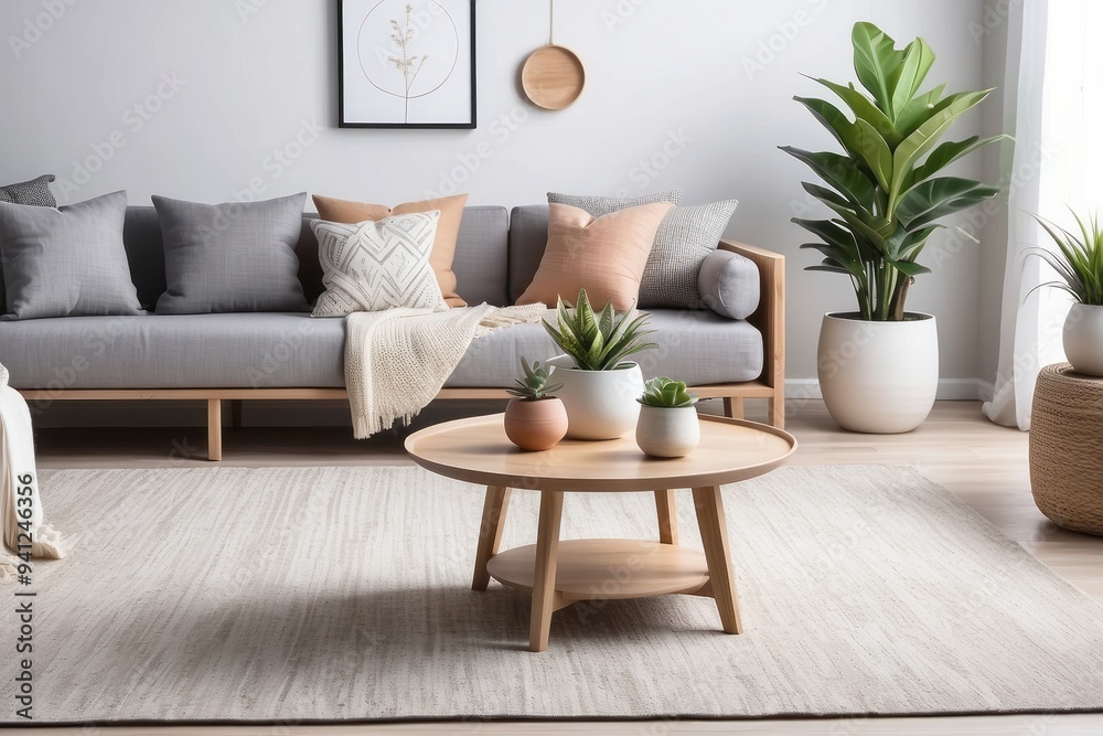 Modern Living Room with Grey Sofa, Wooden Coffee Table, and Plants Modern Living Room with Grey Sofa, Wooden Coffee Table, and Plants