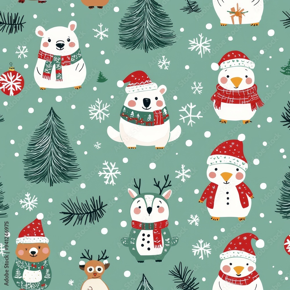The forest is filled with winter animals and has a seamless pattern. The illustration is modern. The forest is filled with winter animals and has a seamless pattern. The illustration is modern.