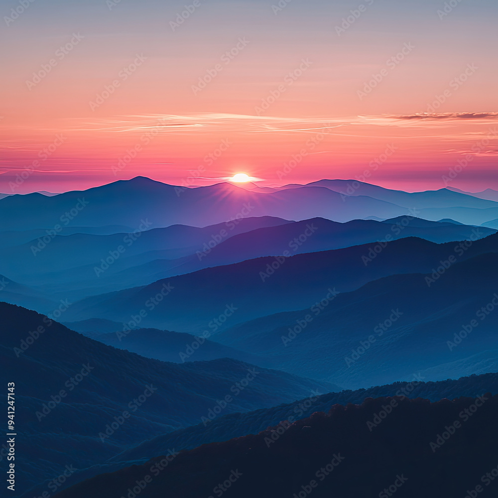 Serene Mountain Landscape at Sunset with Layers of Blue and Orange Hues Serene Mountain Landscape at Sunset with Layers of Blue and Orange Hues