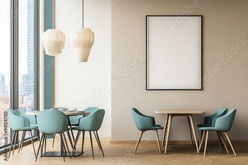 Typical kitchen interior with dining and cooking spaces, window. Mockup.