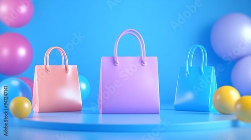 Colorful shopping bags displayed with vibrant balloons on a blue background, perfect for retail and e-commerce concepts.