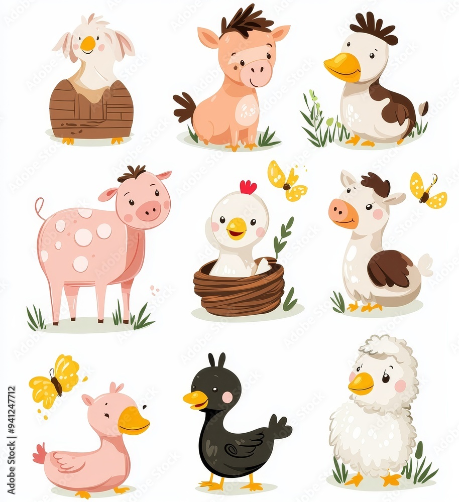 Fototapeta premium Farm animals illustrated in cute cartoon style. Funny horses, cows, hens, geese, and goats.