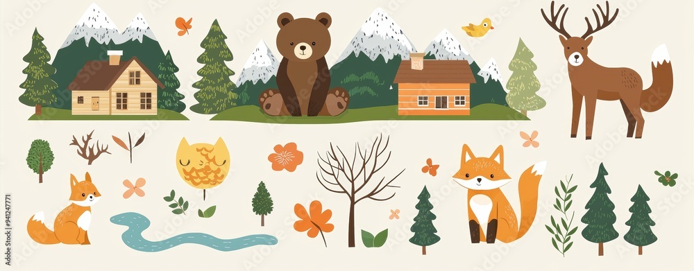 Naklejka premium A collection of wild animals and trees with a flat style.