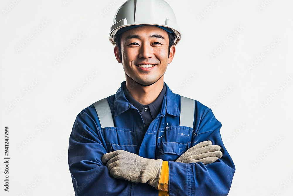 Worker wearing hard hat smiling positively