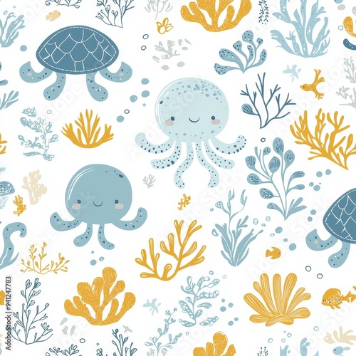 Animated underwater world, sea ocean pattern, cartoon illustration hand drawing with animals and plants