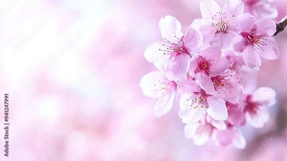 A blurry background appears behind a close-up of pink flowers on a tree branch A blurry background appears behind a close-up of pink flowers on a tree branch
