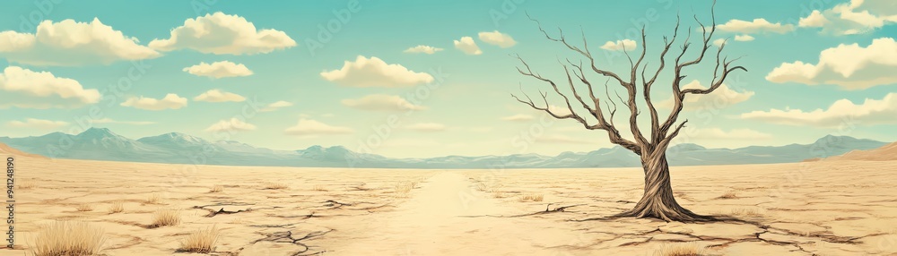 A solitary tree stands in a vast, arid landscape under a bright blue sky with fluffy clouds, symbolizing resilience in nature. A solitary tree stands in a vast, arid landscape under a bright blue sky with fluffy clouds, symbolizing resilience in nature.