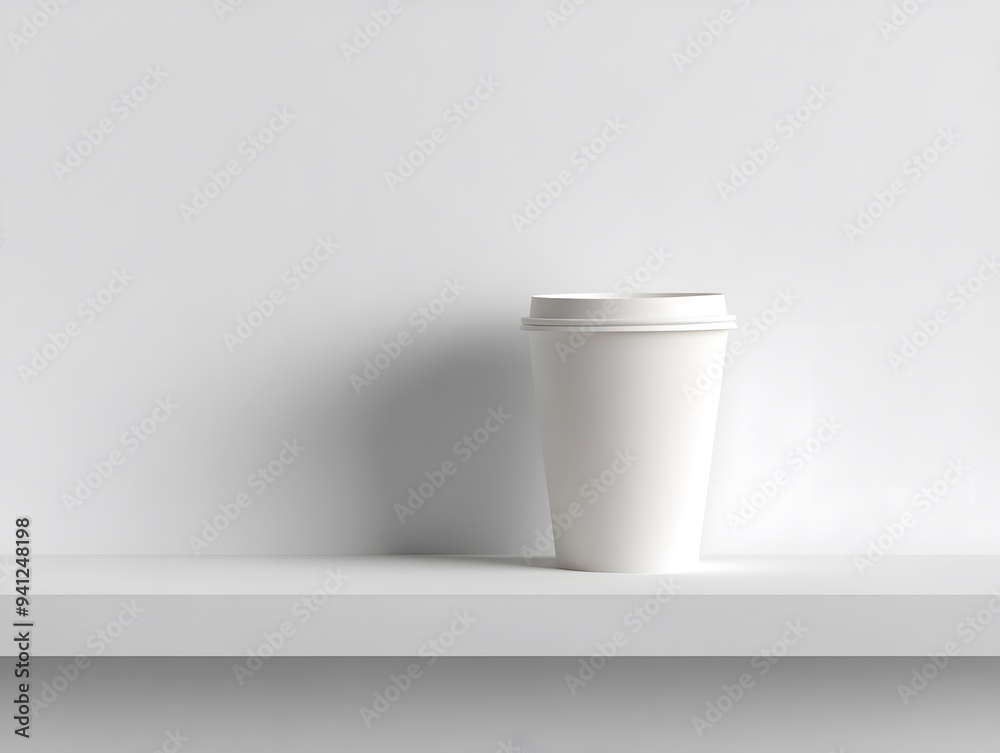Mock-up of an empty white 3D paper coffee cup placed on a minimalist cafe shelf, showcasing a clean and contemporary design. Mock-up of an empty white 3D paper coffee cup placed on a minimalist cafe shelf, showcasing a clean and contemporary design.