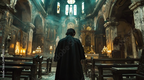 Man in Black Robe Praying in a Church