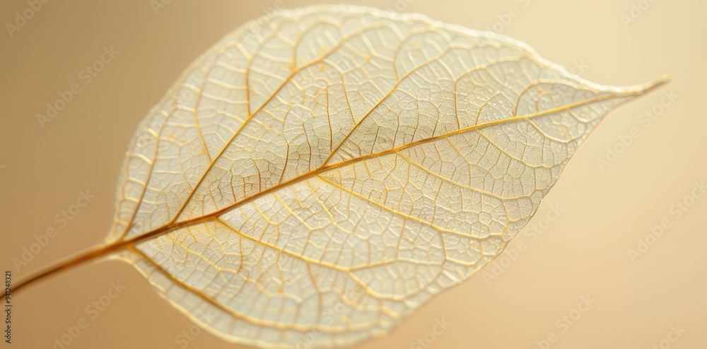Fototapeta premium Delicate translucent leaf illuminated by soft light, showcasing intricate veining and texture