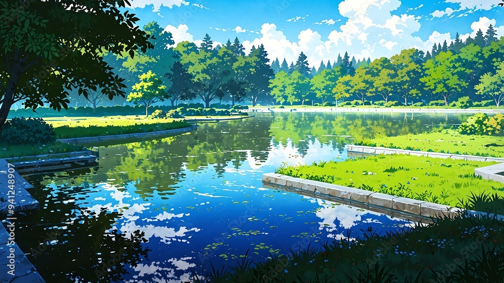 Naklejka premium calm reflective pond in a tranquil park