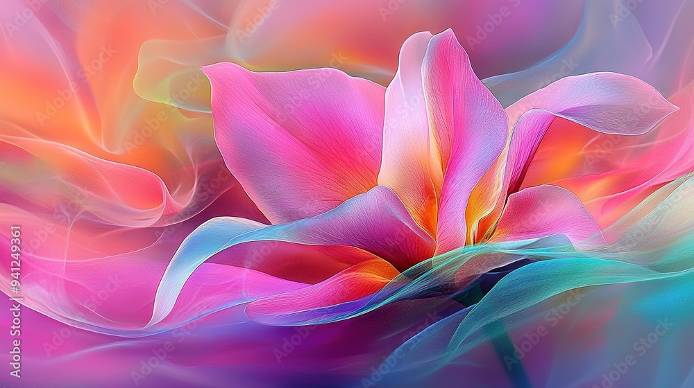  A detailed image of a pink flower, featuring a blue and yellow center swirl Additionally, the flower's interior contains a pink and blue swirl