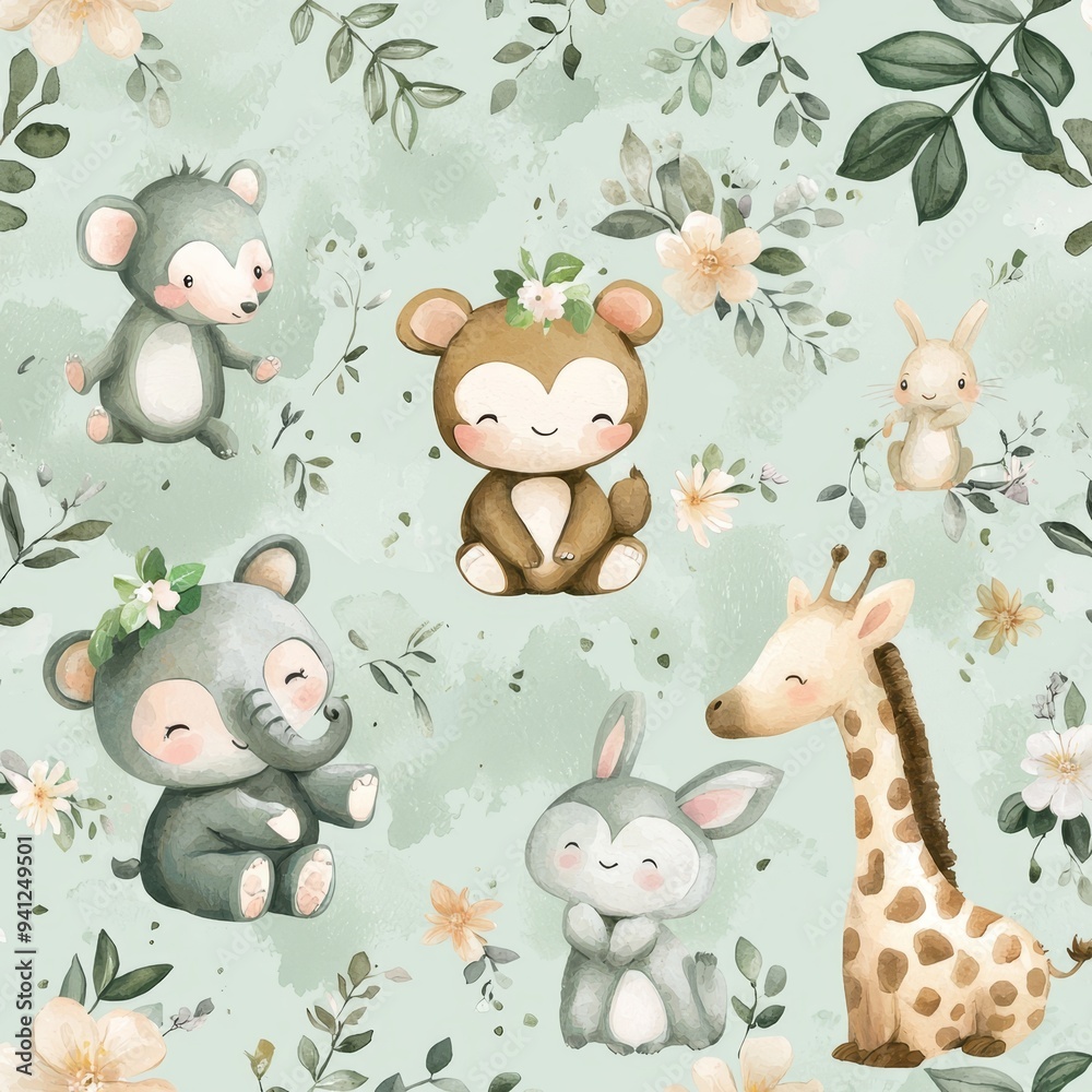 Naklejka premium Baby animal seamless pattern illustration in watercolor for nursery